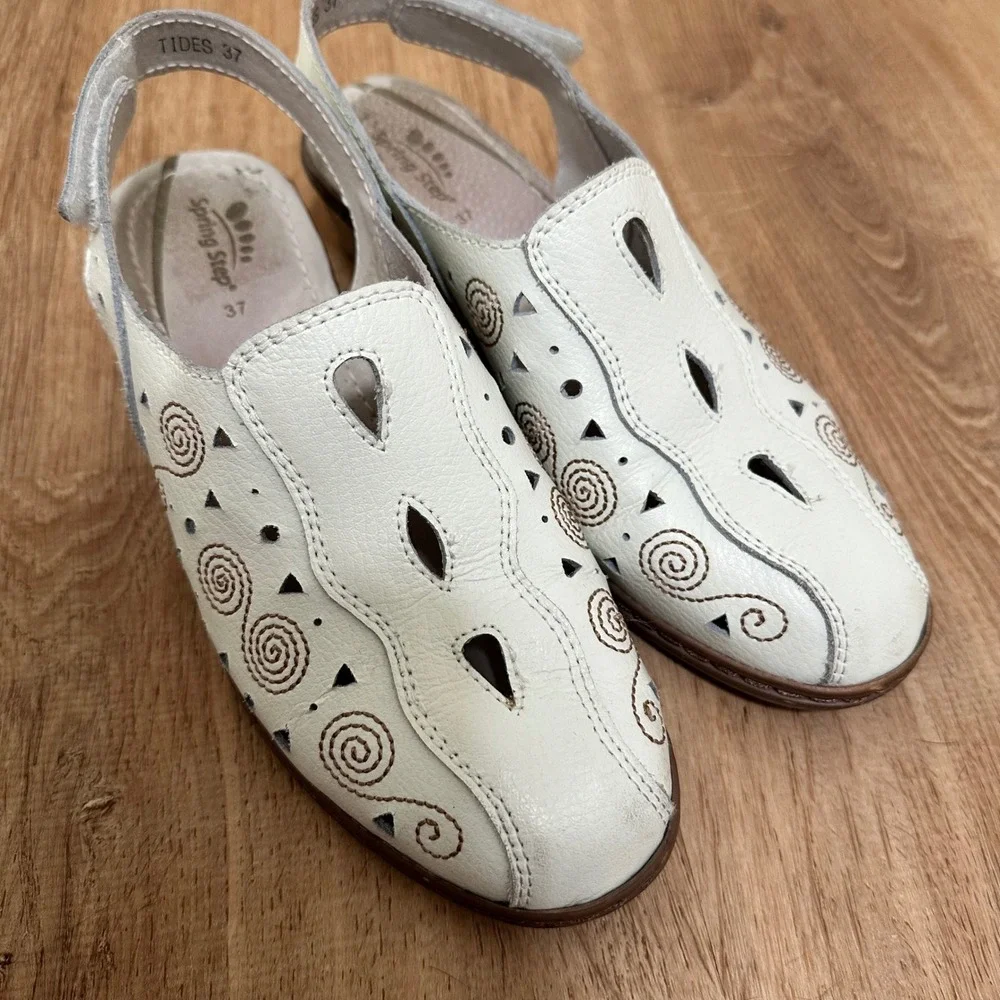 Spring Step | Tides Leather Perforated Embroidered Slingback Wedge Sandals,‎ 37